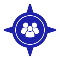 A blue icon with three people gathered together