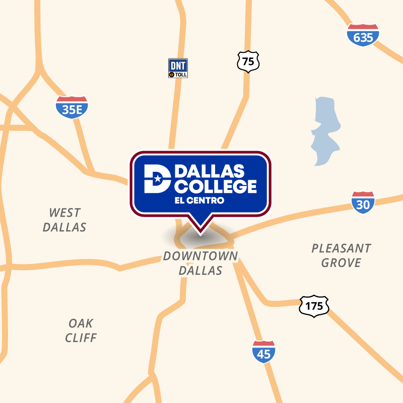 A map showing the location of El Centro's campus in downtown Dallas