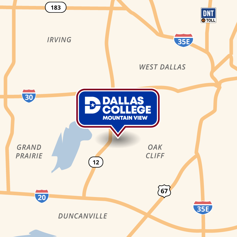 A map showing Mountain View's campus between I-30 and I-20