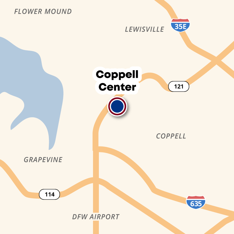 Map showing the location of the Coppell Center on 121 in Coppell