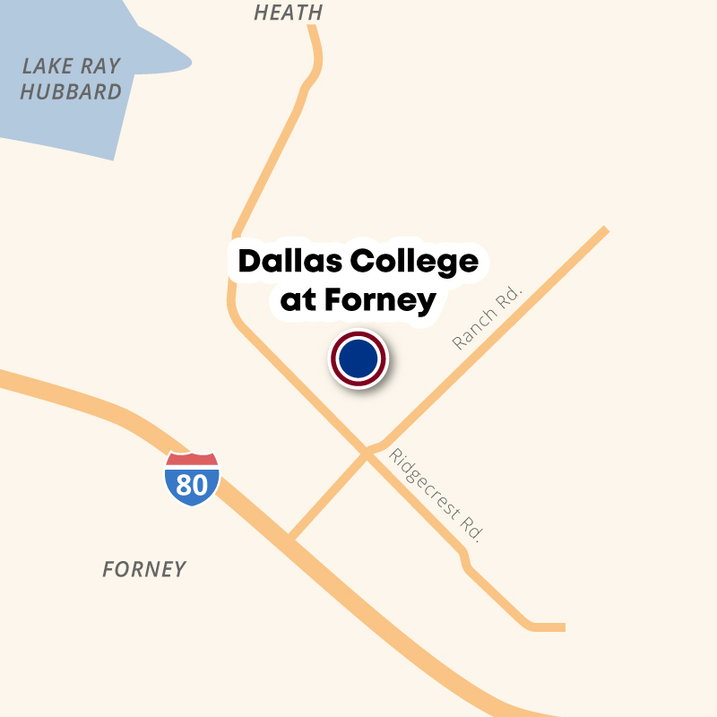 A map showing the location of Dallas College at Forney near the intersection of Ranch Rd and Ridgecrest Rd in Forney