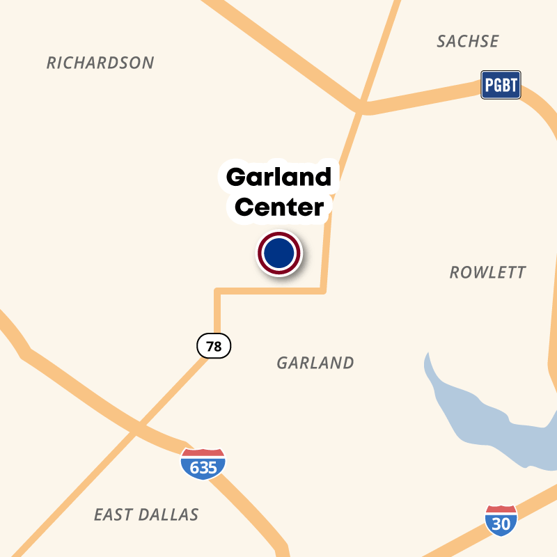 Map showing the location of the Garland Center on 78 between PGBT and I-635