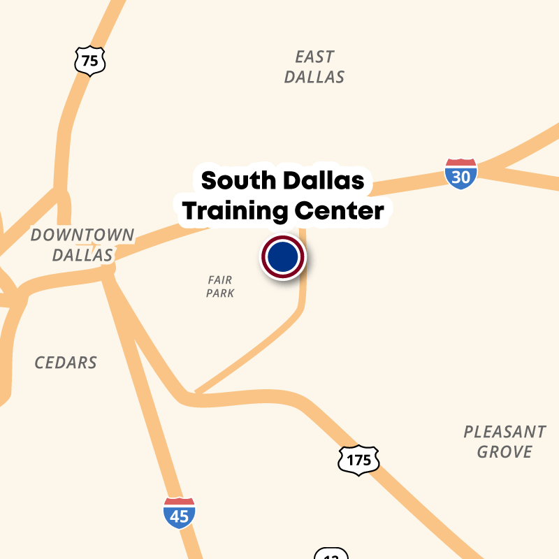 Map showing the South Dallas Training Center near Fair Park, just south of I-30