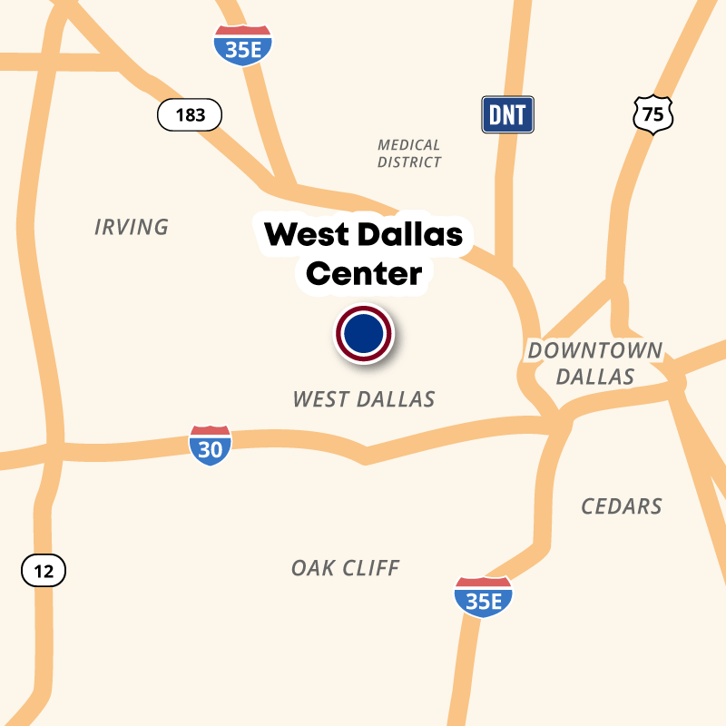 Map showing the location of West Dallas Center just west of downtown Dallas
