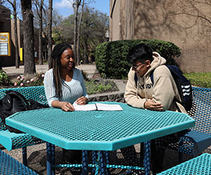 Students study at an outdoor table at Cedar Valley