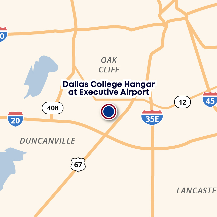 Aerospace and Aviation Hangar at Dallas Executive Airport map showing the location at the intersection of Loop 12 and Hwy 67
