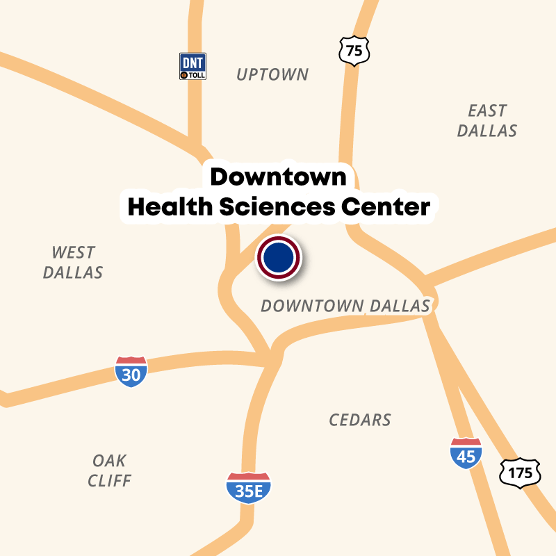 Map showing the Downtown Health Sciences Center in downtown Dallas