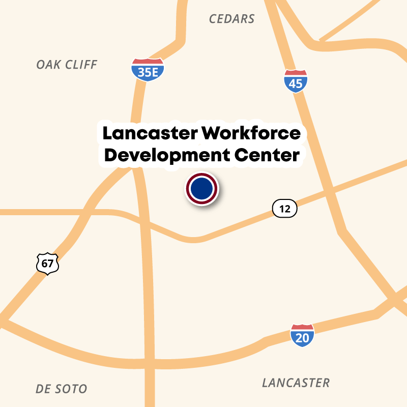 A map showing the Lancaster Workforce Development Center north of Loop 12, between I35 and I45