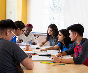 A group of Mountain View students study together on campus