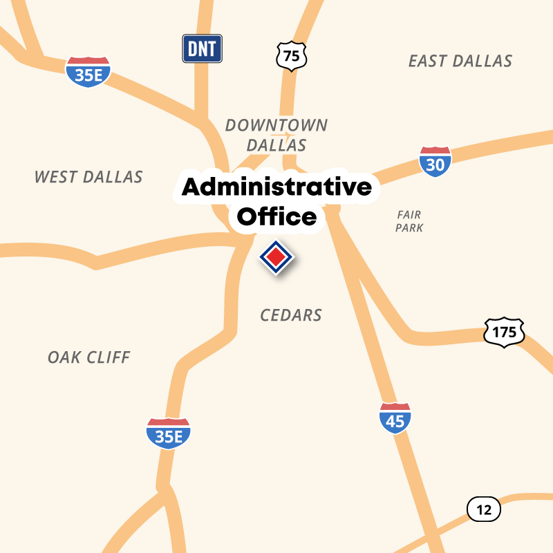 A map showing the location of the Admin Office just south of downtown