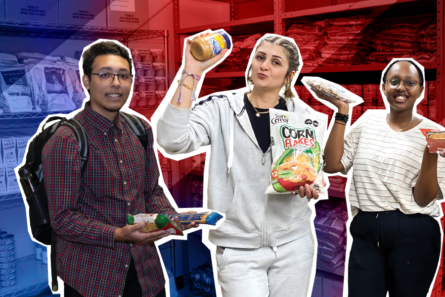 Students pose with food pantry items