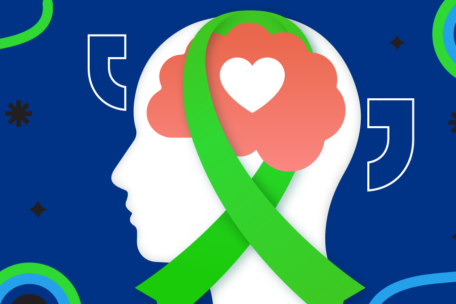 Graphic with outline of head and mental health support ribbon