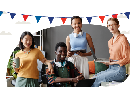 A group of four students with a string of red and blue pennants in the background