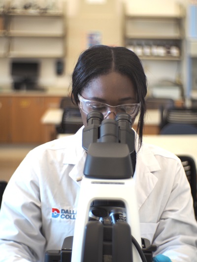 Student looks through microscope