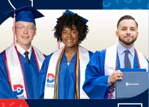 Three Dallas College students smile while wearing graduation regalia