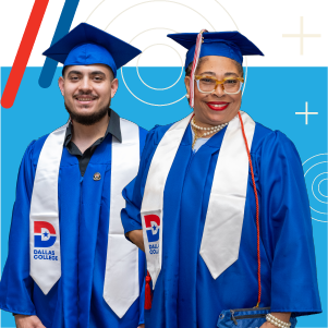 Two Dallas College graduates in blue gowns and caps.