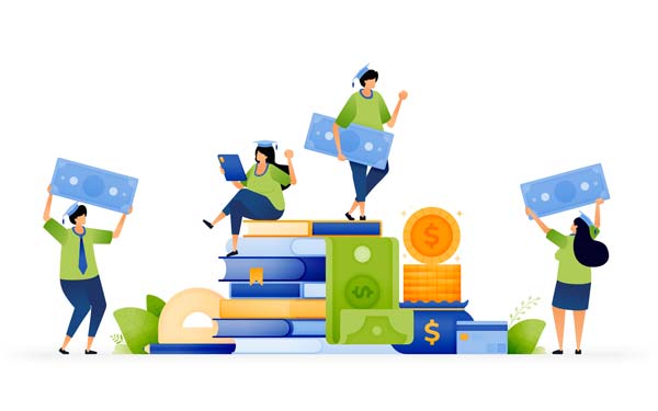 Graphic design illustration of students carrying and lifting money