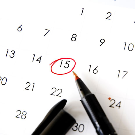 Close-up of a calendar with the 15th circled in red and a pen pointing to the date, indicating an important deadline or event