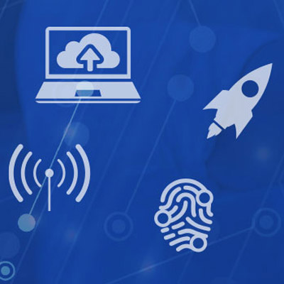 Four icons on a blue background: a laptop with a cloud and upward arrow, a rocket, a wireless signal and a fingerprint.