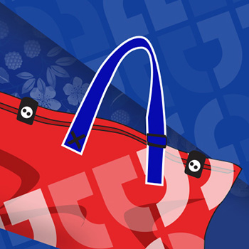 Red handbag with blue handles against Dallas College patterned blue background