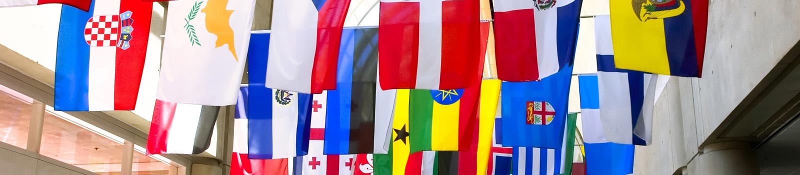 A collection of national flags hanging together, including those of Cyprus, Czech Republic, El Salvador, Georgia, Russia, Poland, Ethiopia, and Ghana.