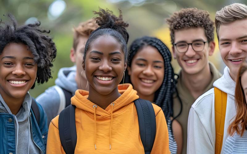 Group of young students standing outdoors with backpacks, in a natural setting with trees and greenery.