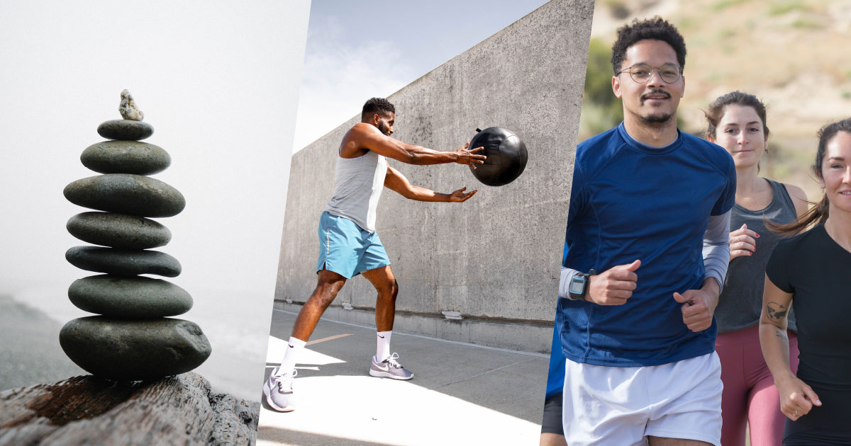 Three scenes: stacked stones, person throwing medicine ball, and group jogging outdoors.