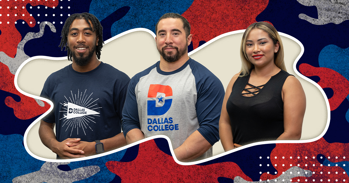 Three individuals standing side by side against a colorful abstract background; two wearing Dallas College shirts and one in a black top.