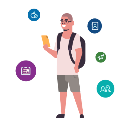 Graphic of student surrounded by navigate icons