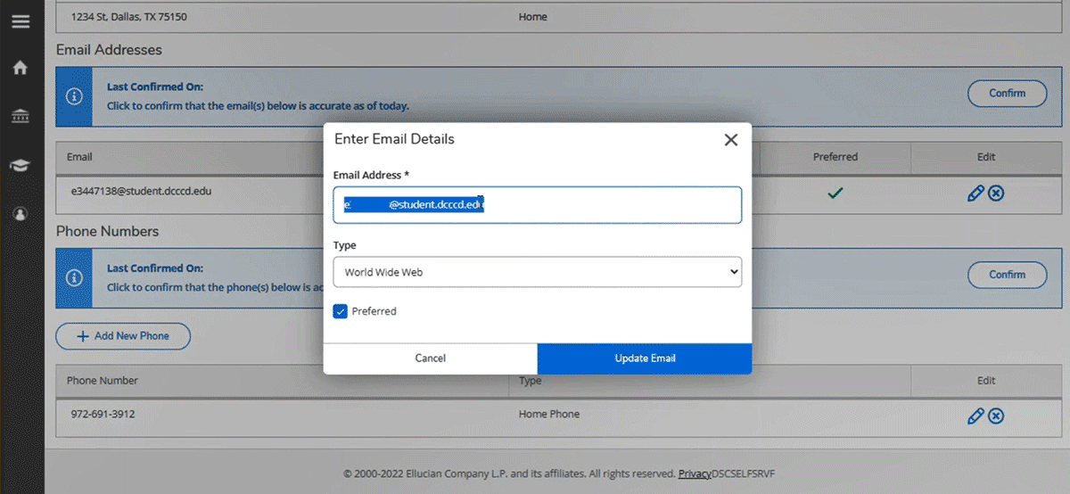 Screenshot of Update My Email Address process