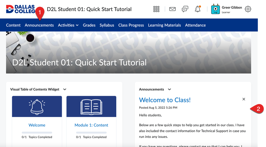 This is a screenshot of an eCampus course homepage with two red pointers showing the two announcement locations. The first location is the second tab on the blue top navbar. The second location is a widget on the right side under the banner photo.