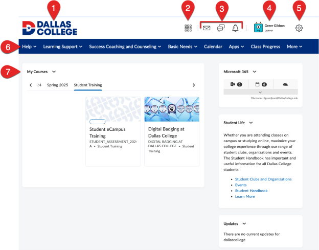This screenshot captures the view of the eCampus homepage once you log in to eCampus. Explanation follows.