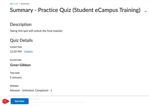 This is a screenshot of a practice quiz page in eCampus.