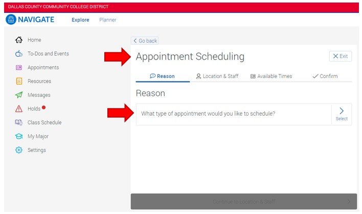 The first page of the Appointment Scheduling page is open, showing the appointment reason prompt.
