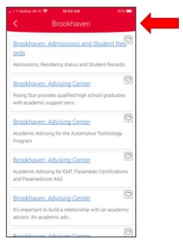 Resources Page, Brookhaven Resources Selected, showing a list of Brookhaven academic and student support services, with the option of marking favorites.