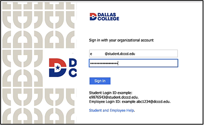 screenshot of signing into Dallas college using the e7@student.dcccd.edu and password