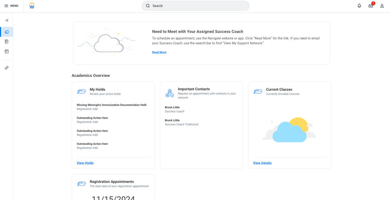 A screenshot of the Workday Academics Hub displaying academic records and relevant student information.