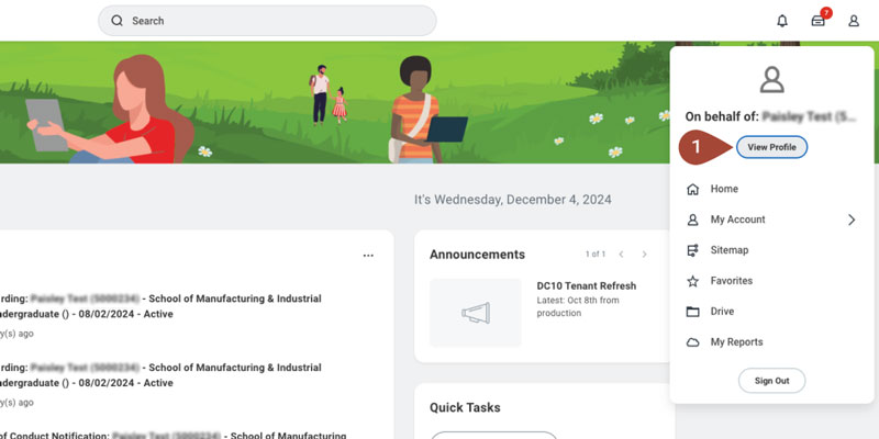 Screenshot of the Workday Student homepage showing the student profile icon in the upper right corner.