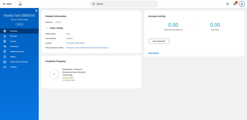 Screenshot of the Workday Student Profile page displaying academic and financial information.