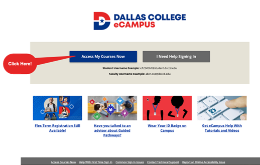 Screenshot of eCampus login page with Dallas College logo, buttons to access courses or get help, login examples, and links with images for registration, advising, ID badges, and tutorials.