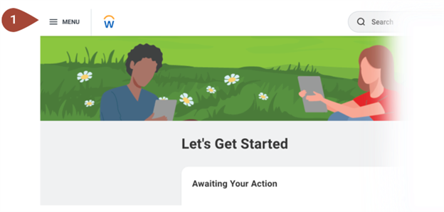 Screenshot of the Workday home page, highlighting the main menu in the top left corner