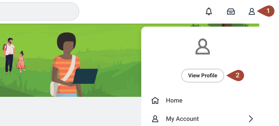 A screenshot of Workday showing the profile drop down in the top right corner of the screen