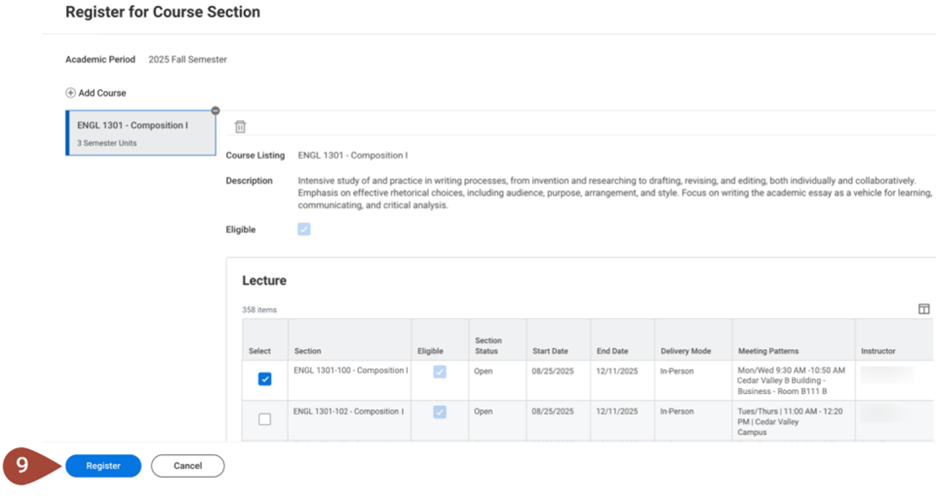 Screenshot of Workday highlighting the course registration button