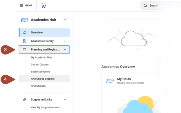 Workday screenshot showing the menu in the academics hub and highlighting the find courses option