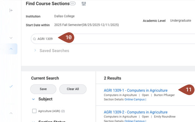 Screenshot of Workday showing the course selection filter