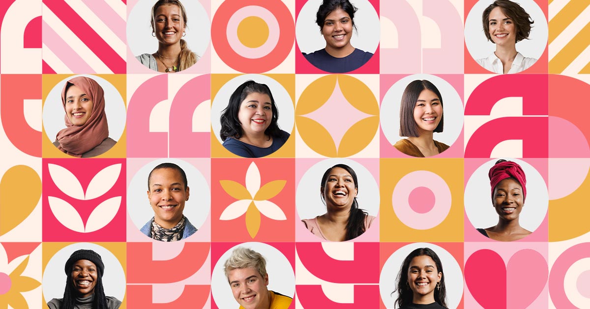 Colorful geometric background with 12 circular, obscured portraits of individuals.
