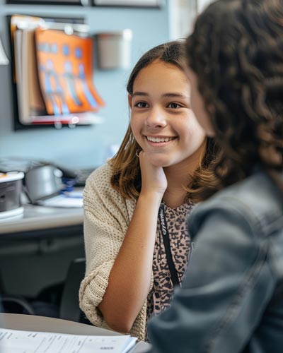 A woman and a teenager talk, the woman has her back to the camera and the teenager is smiling