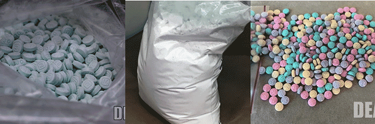 Different forms of fentanyl pictured, including blue pills, colorful pills, bag of powder