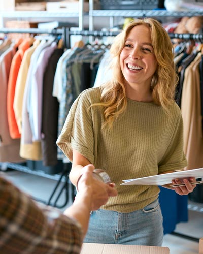 A woman stands behind a counter in a clothing store with racks of clothes behind her and shakes a customer's hand