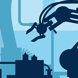 Abstract illustration of a robotic arm in a factory, highlighted in shades of blue